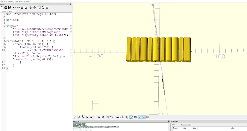 OpenSCAD top view showing overlap between the word and the shape