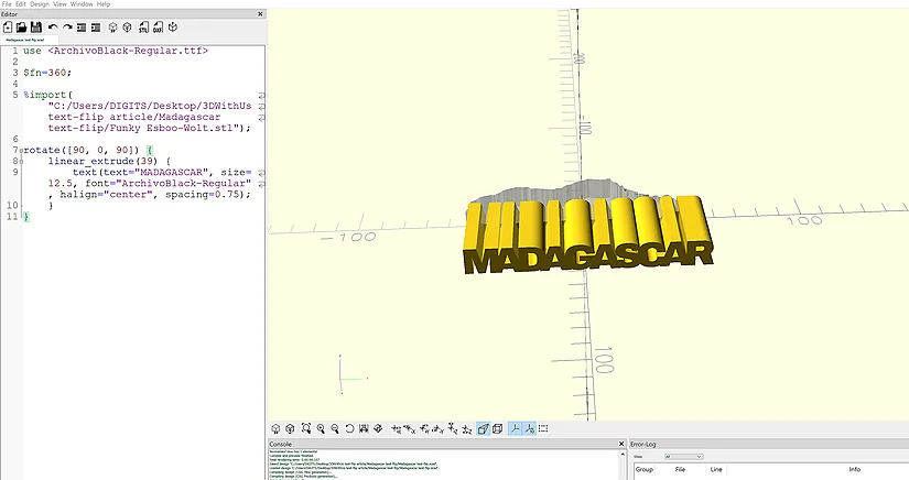 OpenSCAD showing the text extruded over the imported shape
