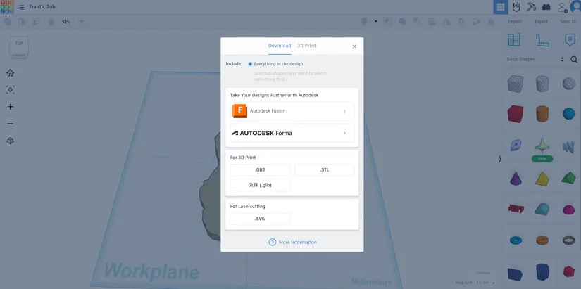 Tinkercad export dialog for saving the shape as an STL file