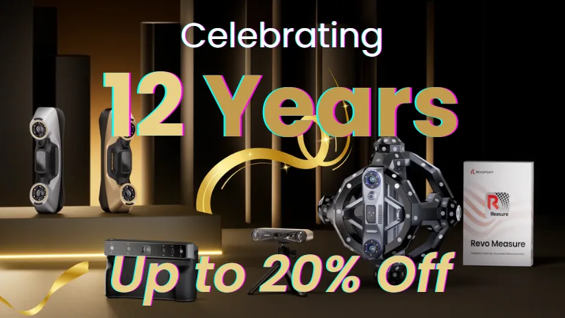 Revopoint 12th anniversary promotion showing 3D scanners with up to 20 percent discount and Revo Measure software in a celebratory display.